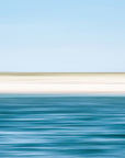 This image presents an abstract artwork titled "Cape Summer," featuring a serene and minimalist beach scene. The artwork captures the tranquil waters of the ocean meeting the soft, sandy shores under a clear blue sky.