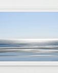 Framed artwork of a blue abstract landscape with blue lines and glistening water