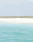 This image presents an artwork capturing the serene and picturesque landscape of the Florida Keys. The artwork displays a broad expanse of turquoise waters meeting a line of sandy shores under a vast blue sky.