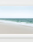 A framed coastal landscape of Cisco Beach in Nantucket featuring green abstract waters and white sand beach