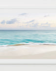 This image displays a framed artwork titled "Harbour Island," featuring a serene beach scene from Pink Sands in the Bahamas. The print captures the essence of a tranquil beach, highlighted by the gentle Lap of turquoise waters against the soft, sandy shore.