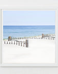 This artwork titled "beach days," featuring a serene and idyllic beach scene from Nauset Beach, Cape Cod. The artwork displays a wide sandy beach leading up to a wooden fence that borders the ocean.