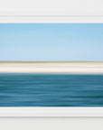 This image presents an abstract artwork titled "Cape Summer," featuring a serene and minimalist beach scene. The artwork captures the tranquil waters of the ocean meeting the soft, sandy shores under a clear blue sky.