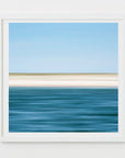 This image presents an abstract artwork titled "Cape Summer," featuring a serene and minimalist beach scene. The artwork captures the tranquil waters of the ocean meeting the soft, sandy shores under a clear blue sky.