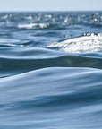 This image displays an artwork titled "In Motion," featuring a captivating photograph of deep and gentle blue ocean waves.