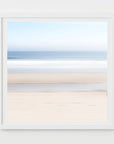 This image presents a fine art photograph titled "Keep Going," featuring a serene beach scene in Orleans, Cape Cod. The artwork captures a minimalist landscape, showcasing the subtle textures of the beach sand and the gentle gradient of the ocean meeting the sky.