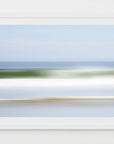 An artwork depicting a abstracted view of a Cape Cod beach scene with horizontal lines and soft blue and green colors.
