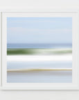 An artwork depicting a abstracted view of a Cape Cod beach scene with horizontal lines and soft blue and green colors.