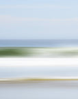 An artwork depicting a abstracted view of a Cape Cod beach scene with horizontal lines and soft blue and green colors.