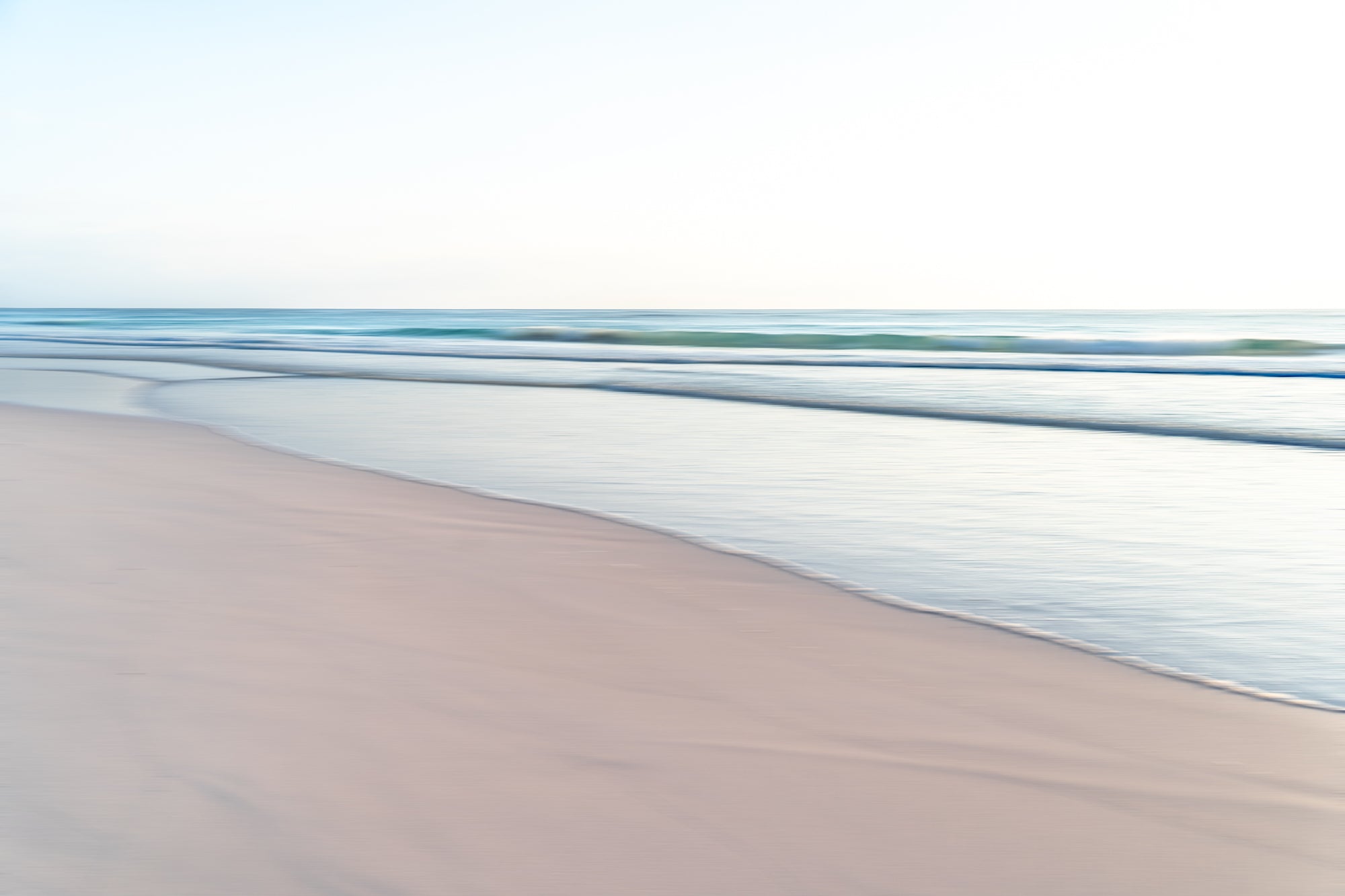 Soft serene Pink Sands Beach scene with delicate coastal tones and peaceful shoreline, pinks and blues.