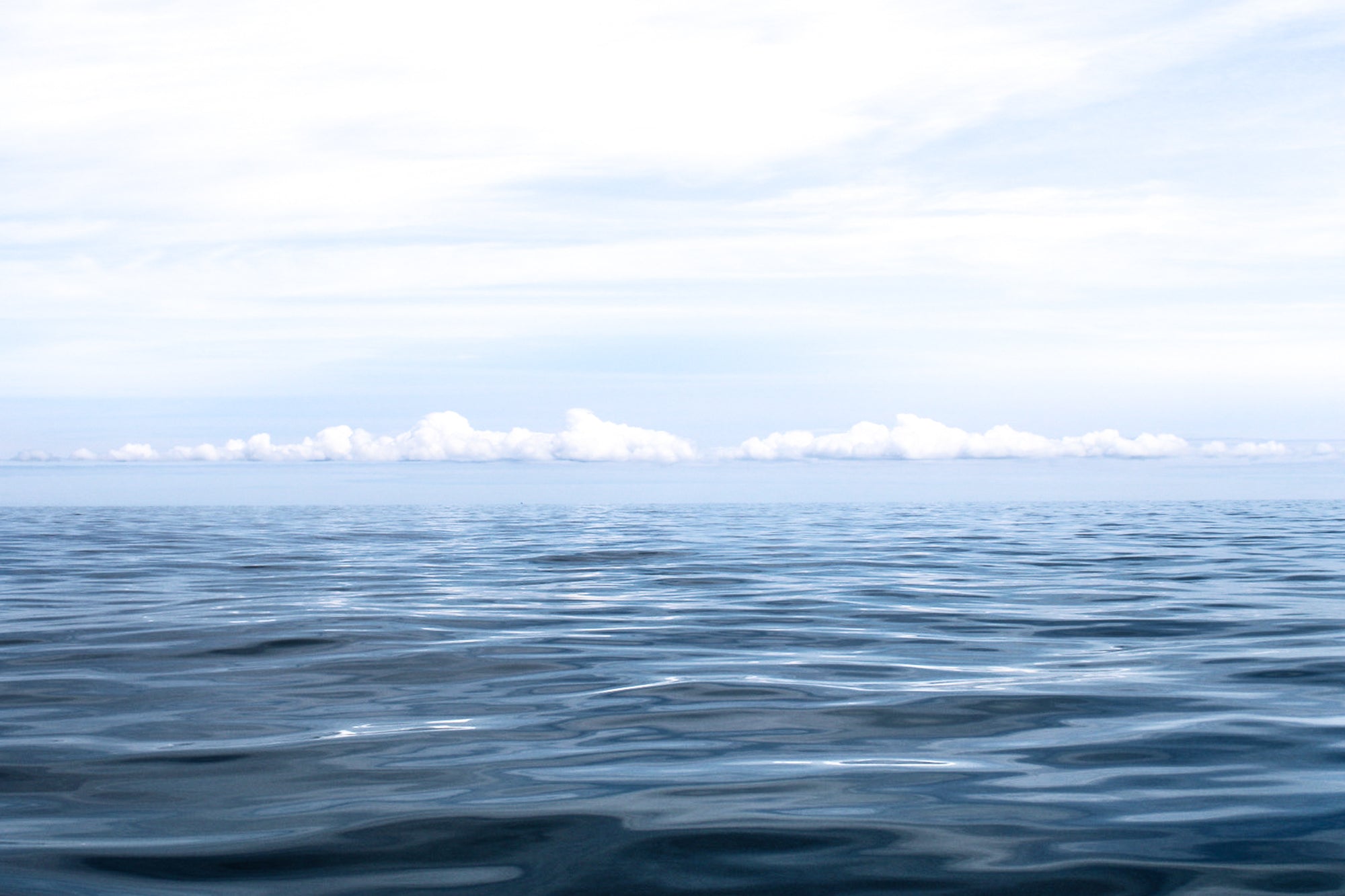 Blue ocean with ripples and long white clouds in sky.