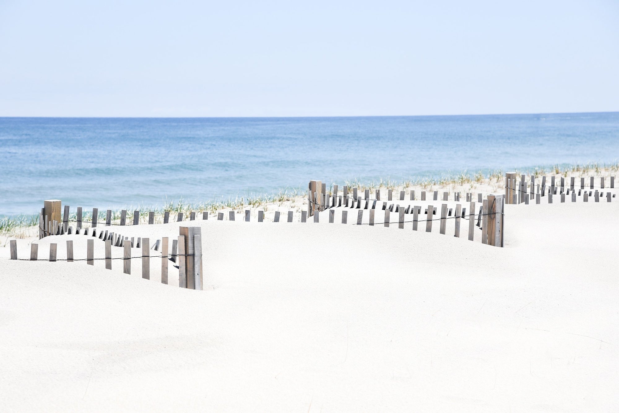 This image titled "beach days," featuring a serene and idyllic beach scene from Nauset Beach, Cape Cod. The artwork displays a wide sandy beach leading up to a wooden fence that borders the ocean.