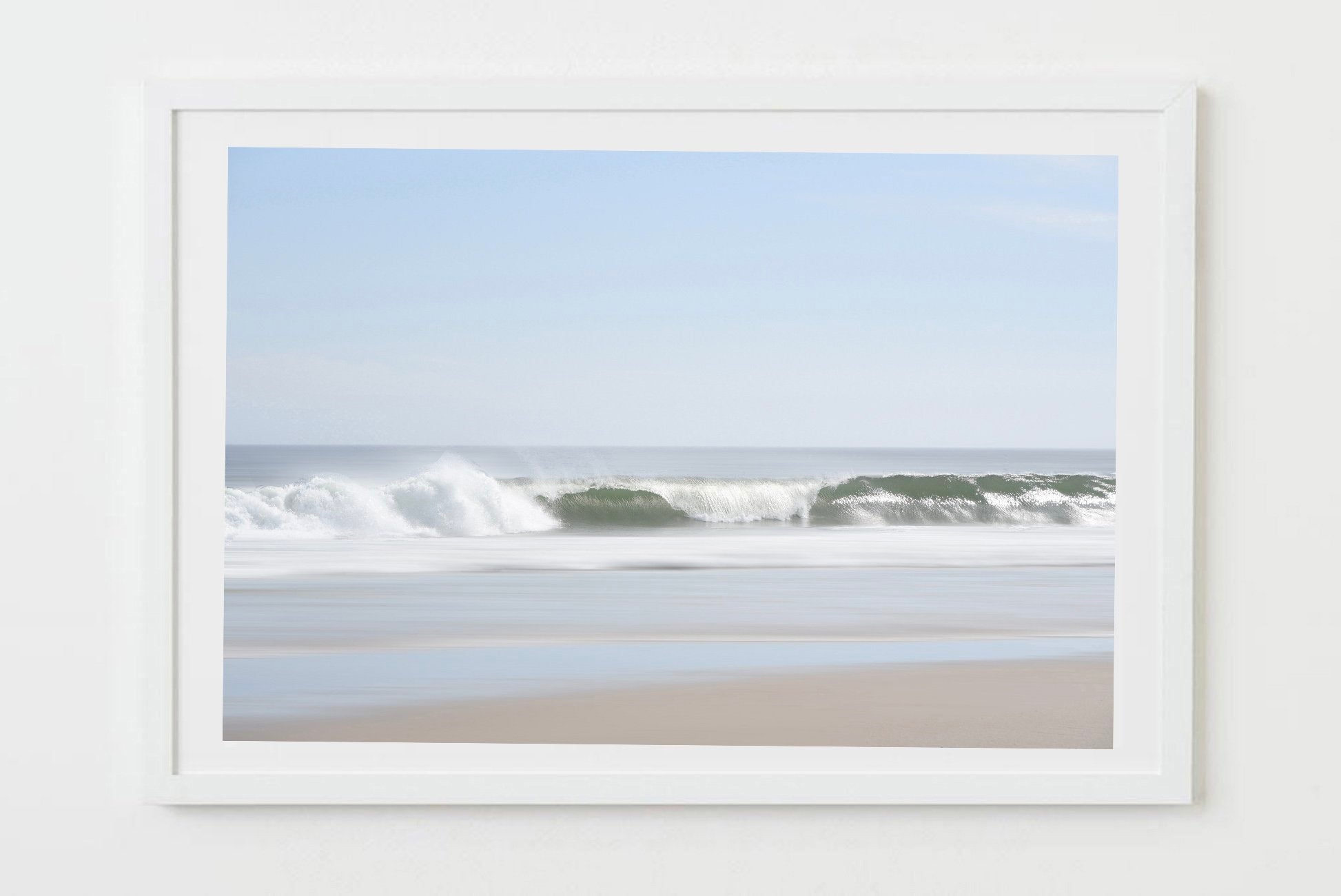 waves crashing onto sandy beach - coastal wall art