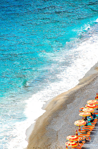 orange umbrellas, Positano Italy beach photograph